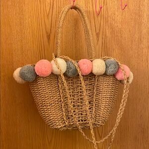Woven Straw Tote Bag with Pom Poms